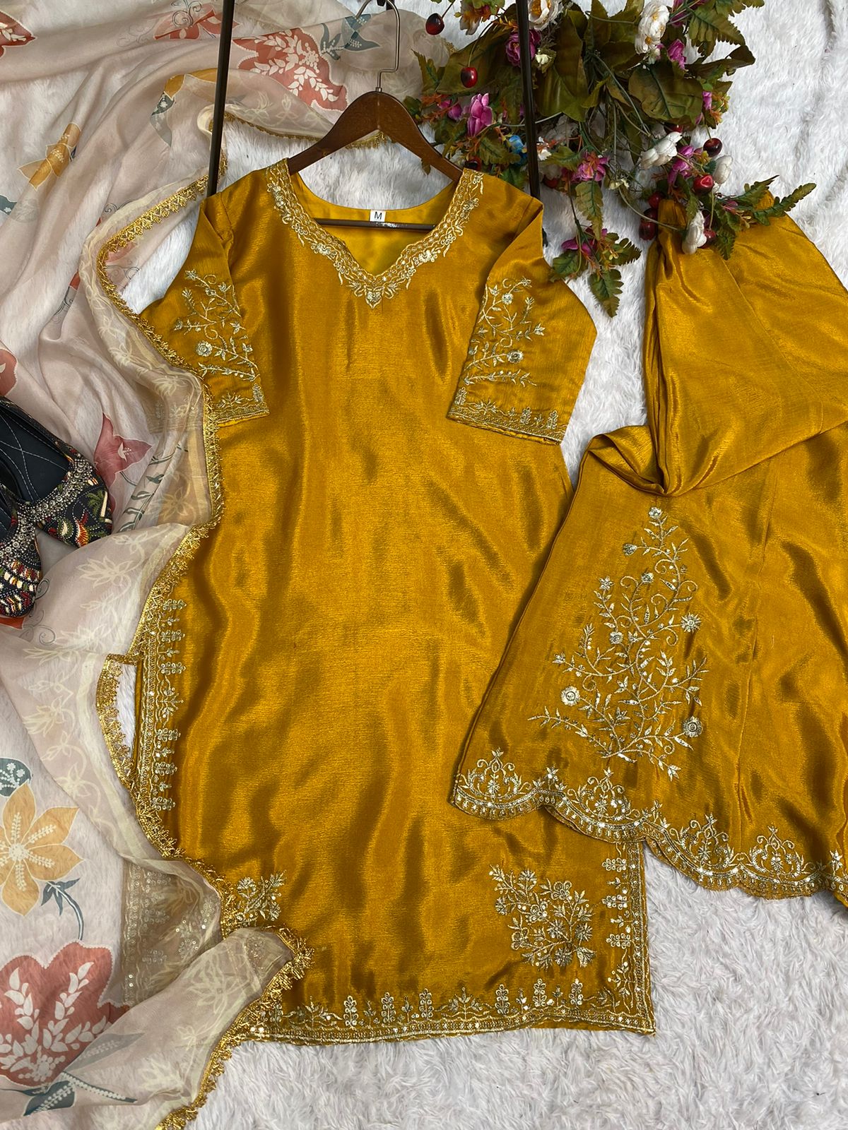 EXCLUSIVE DESIGNER HEAVY CHINON WITH SEQUANCE EMBROIDERY WORK SUIT SET