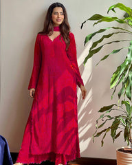 Red Georgette Kurti With Pant And Dupatta