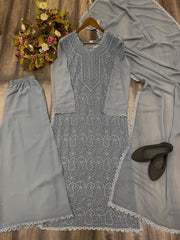 Grey Georgette Kurti With Pant And Dupatta