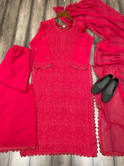 Red Georgette Kurti With Pant And Dupatta