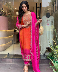 Classic Orange Color Chinon Heavy Embroidery Salwar Suit