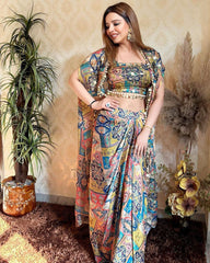 Multi Color Western Three Piece Set With Digital Print Shrug Party Wear Western