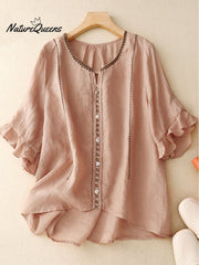 Women Cotton Top Elegant Trendy Ruffle Half Sleeve Round Neck Tops