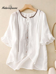 Women Cotton Top Elegant Trendy Ruffle Half Sleeve Round Neck Tops