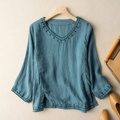 Embroidered V-neck Top, Casual 3/4 Sleeve Blouse For Spring & Summer