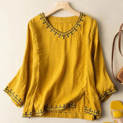 Embroidered V-neck Top, Casual 3/4 Sleeve Blouse For Spring & Summer