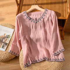 Embroidered V-neck Top, Casual 3/4 Sleeve Blouse For Spring & Summer