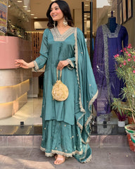 Women Embroidered Straight Kurta with Palazzos & Dupatta