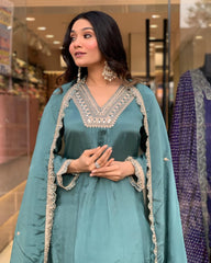 Women Embroidered Straight Kurta with Palazzos & Dupatta