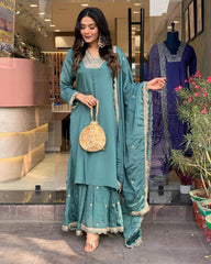 Women Embroidered Straight Kurta with Palazzos & Dupatta