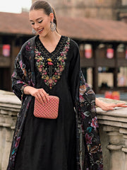 Women Black Chanderi  Suit Set With heavy Embroidery🪡 work on neck and latkan on neck with Embroidery on sleeve also with heavy digital duppata with latkan in Dupatta and Embroidery on pent's Bottom