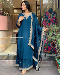 Women Embroidered V-Neck Straight Kurta with Palazzos & Dupatta