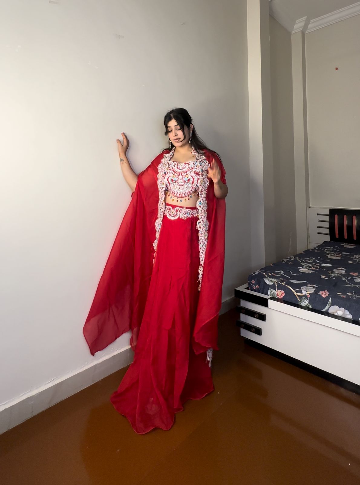 NEW THREE PIECE INDO-WESTERN READY TO WEAR DRAPED PLATED DHOTI WITH BLOUSE,KOTI AND BELT