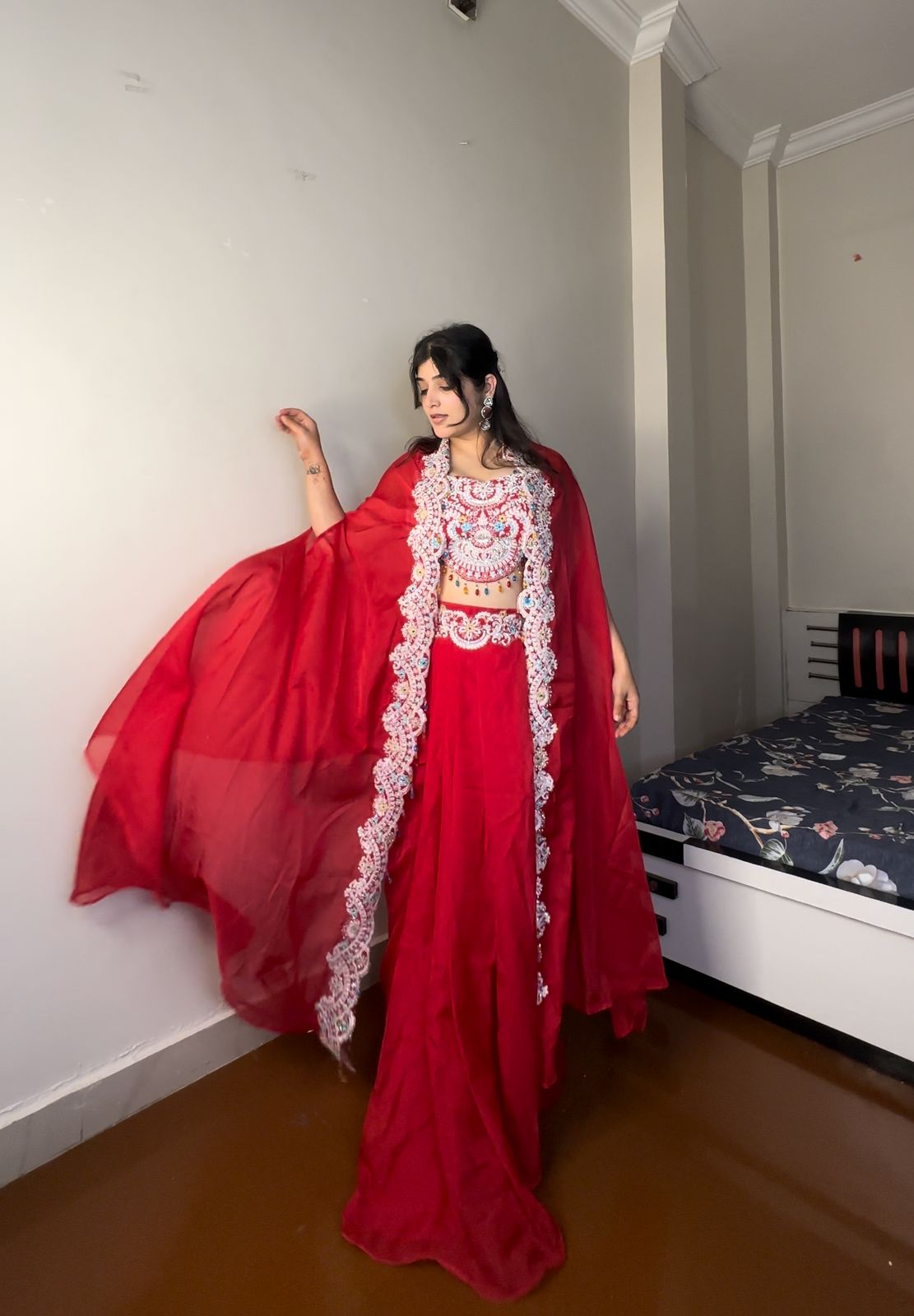NEW THREE PIECE INDO-WESTERN READY TO WEAR DRAPED PLATED DHOTI WITH BLOUSE,KOTI AND BELT