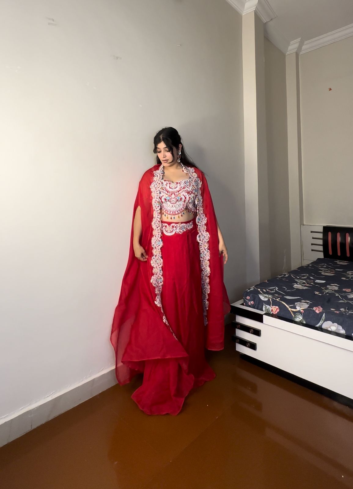 NEW THREE PIECE INDO-WESTERN READY TO WEAR DRAPED PLATED DHOTI WITH BLOUSE,KOTI AND BELT
