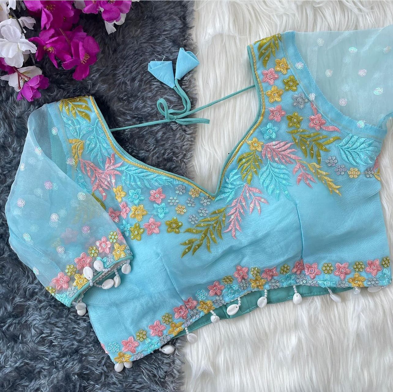 Women Embroidered Organza Blouse Piece