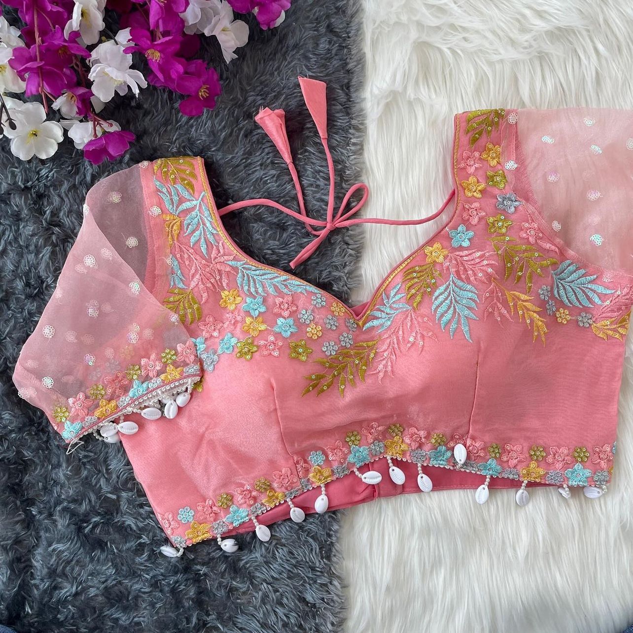 Women Embroidered Organza Blouse Piece