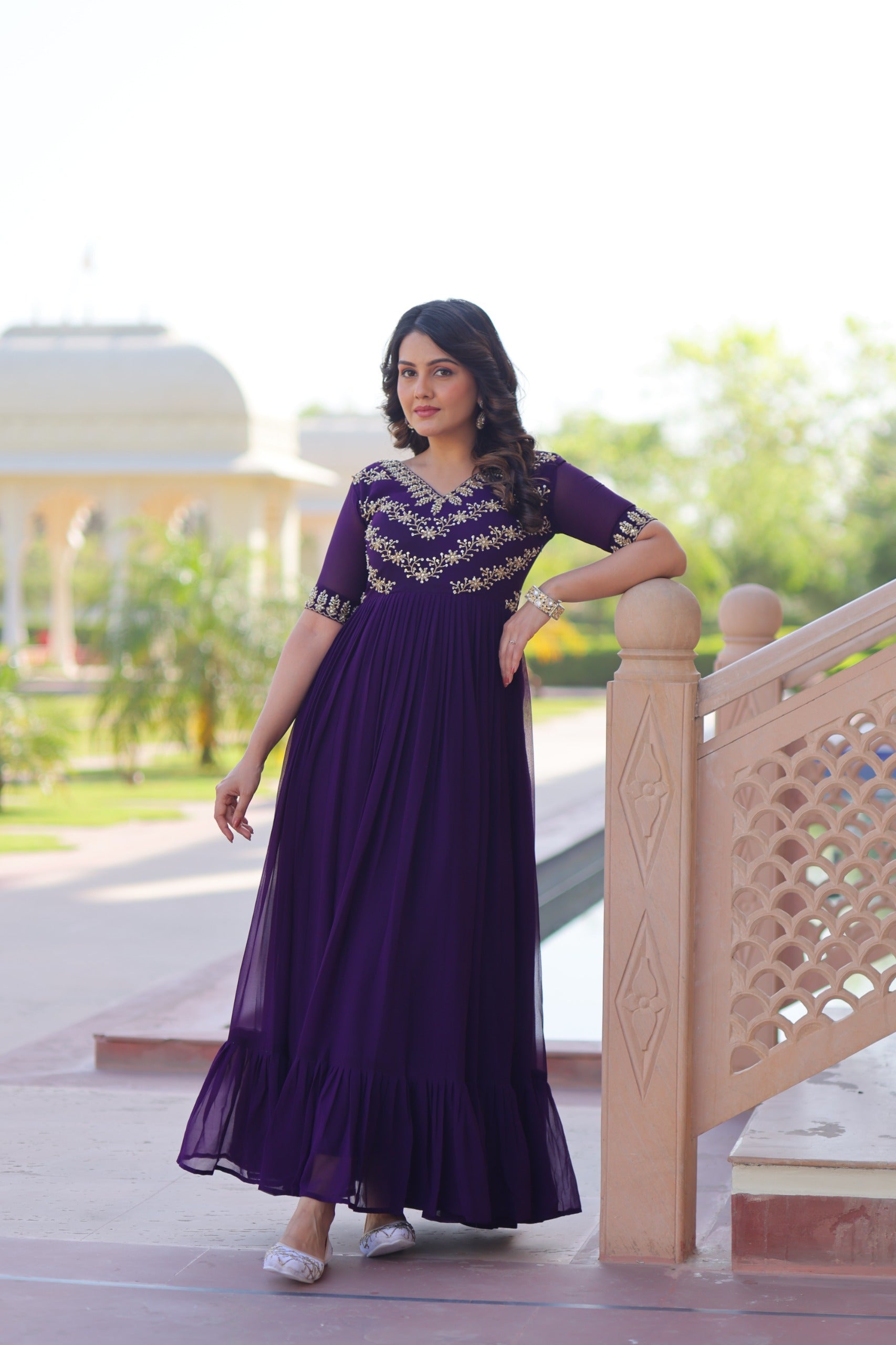 Purple Zari With Embroidered Work Gown