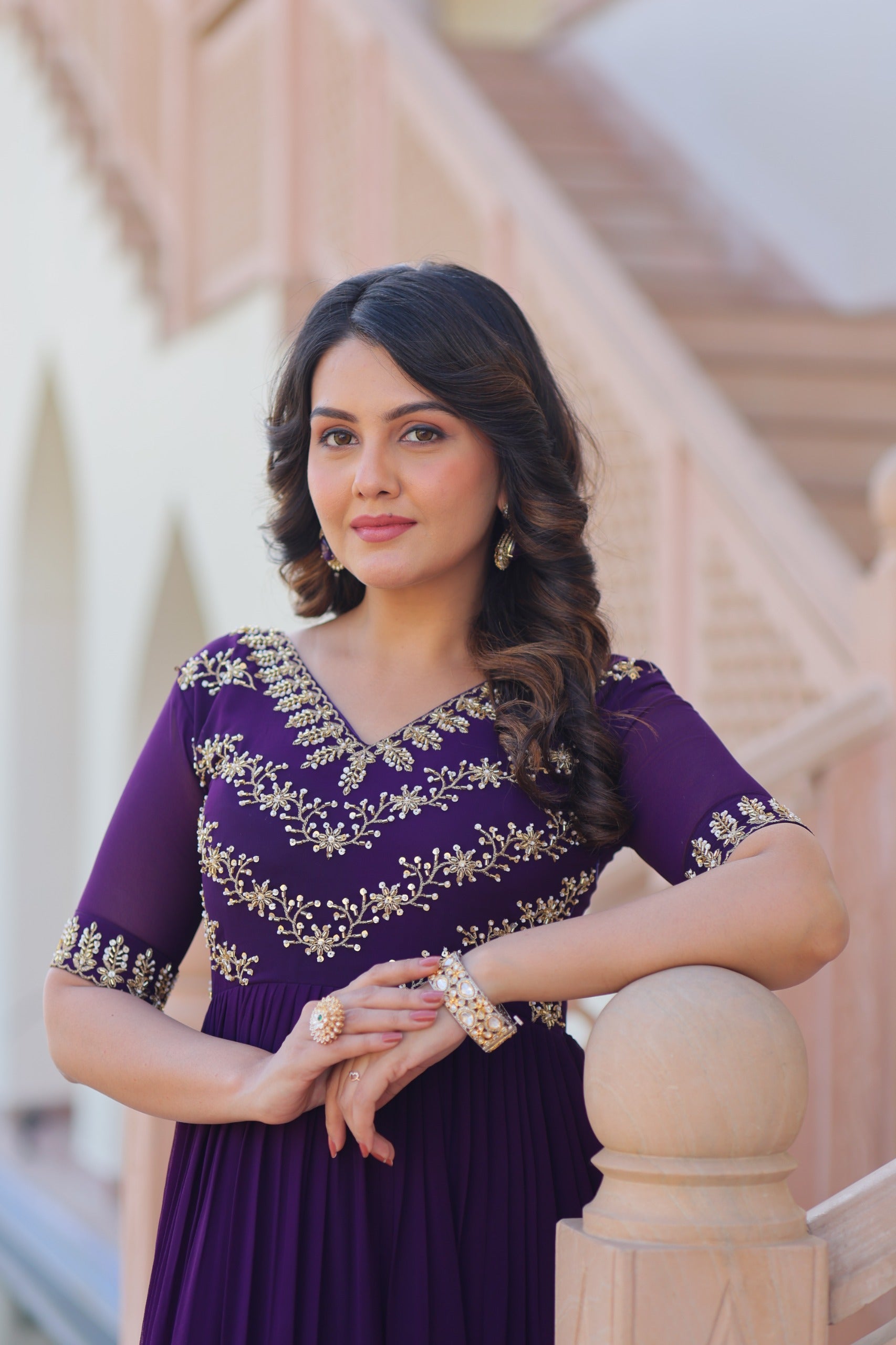 Purple Zari With Embroidered Work Gown