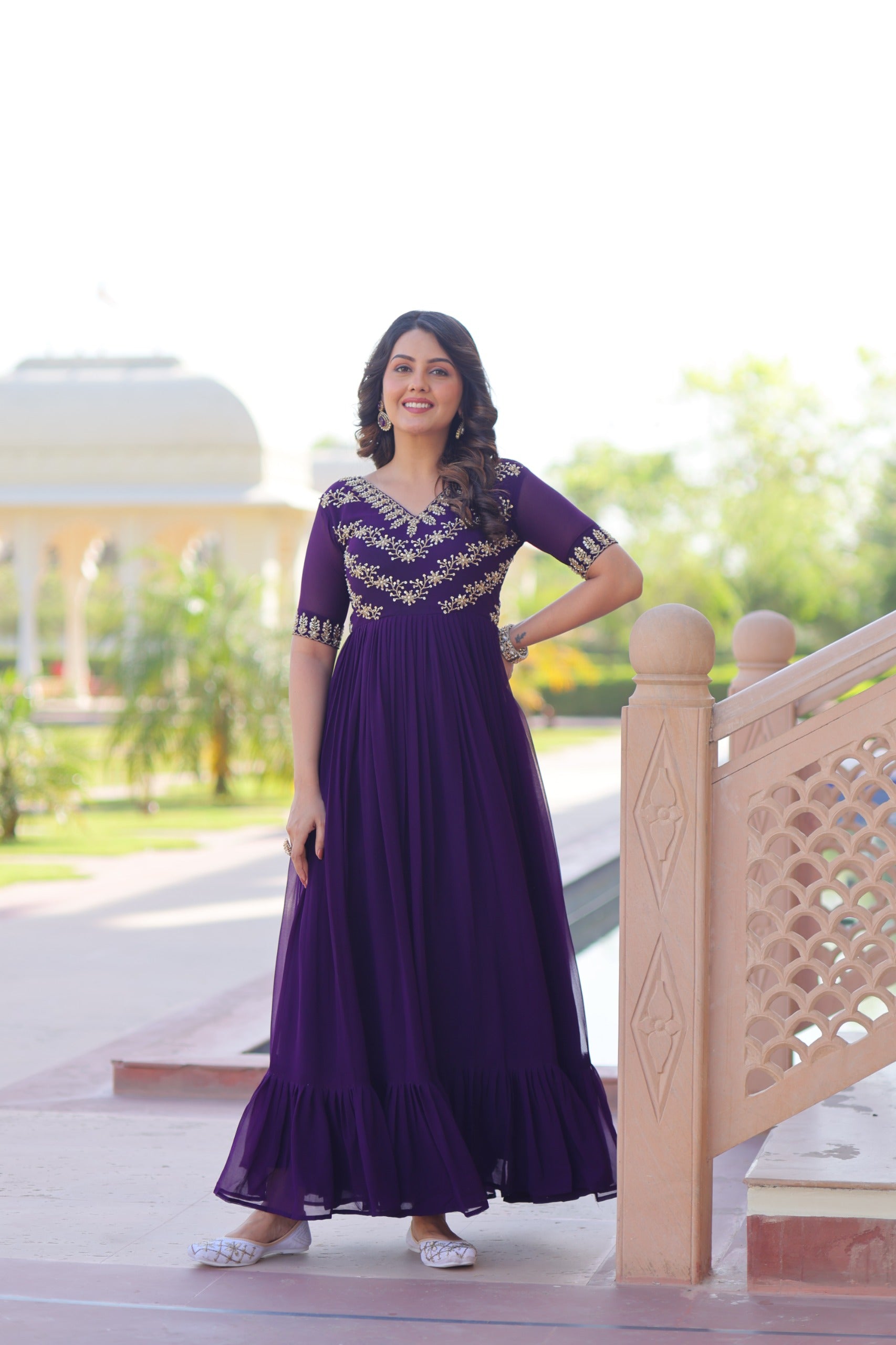 Purple Zari With Embroidered Work Gown