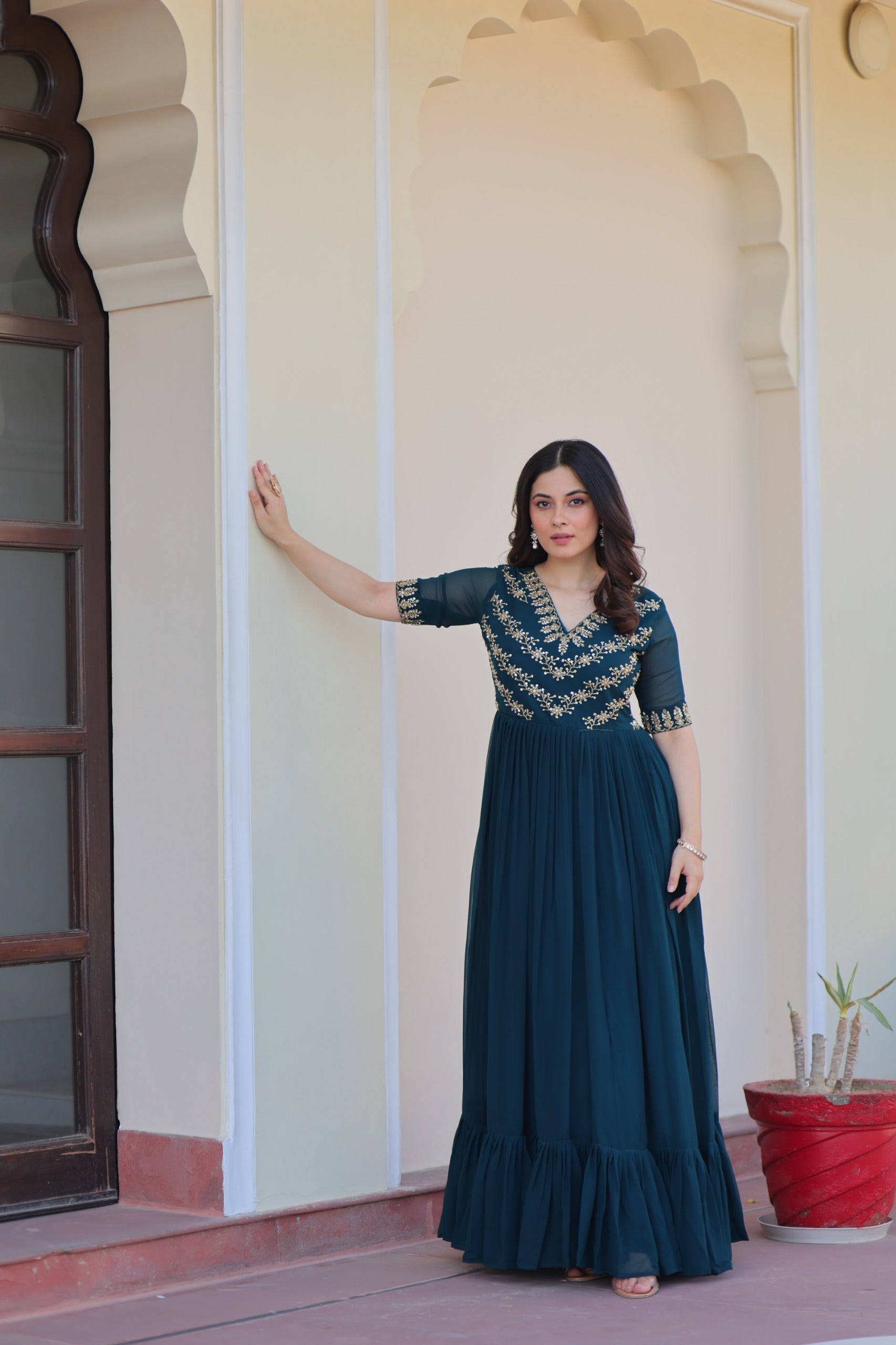 Teal Zari With Embroidered Work Gown