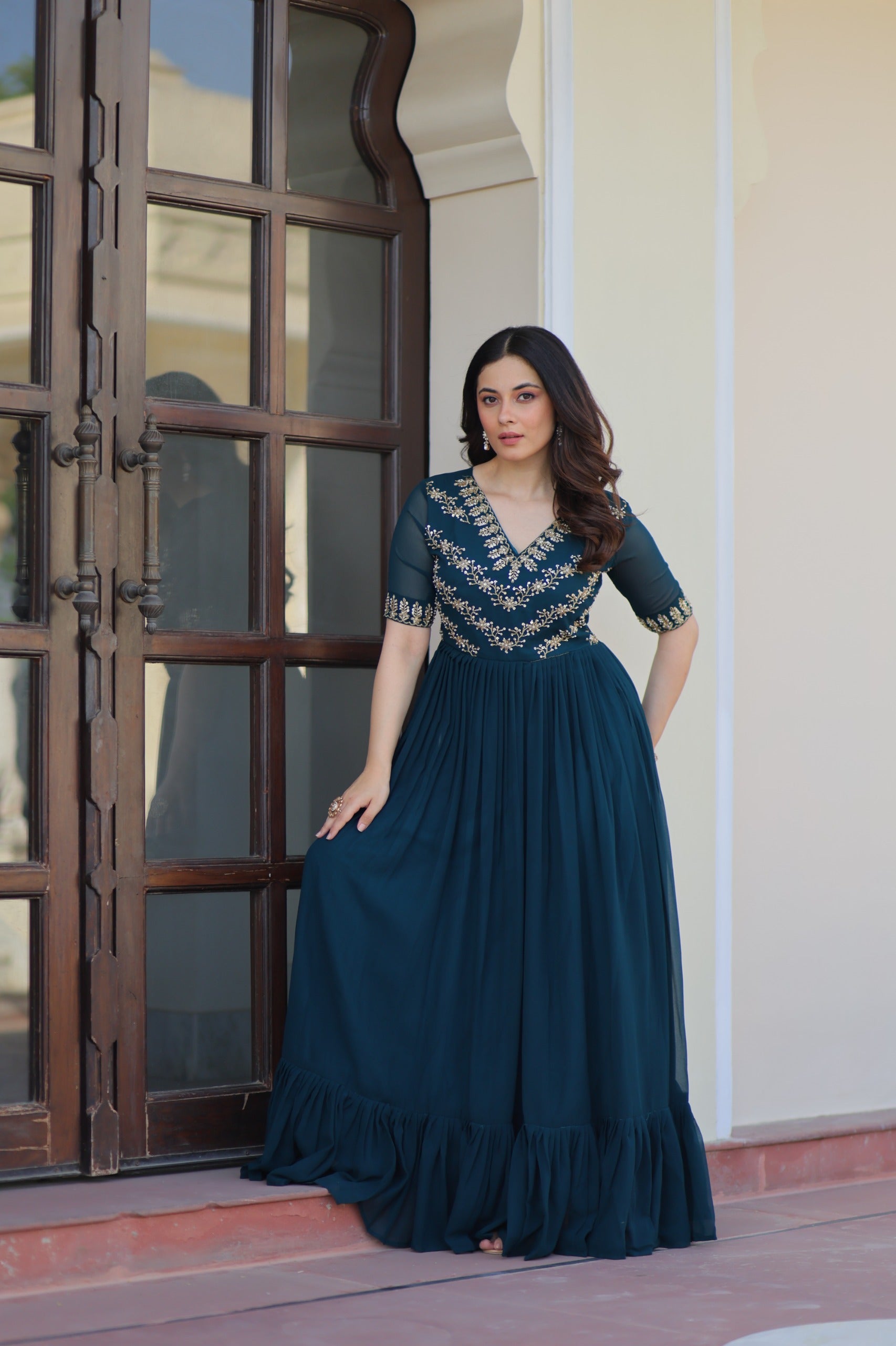 Teal Zari With Embroidered Work Gown