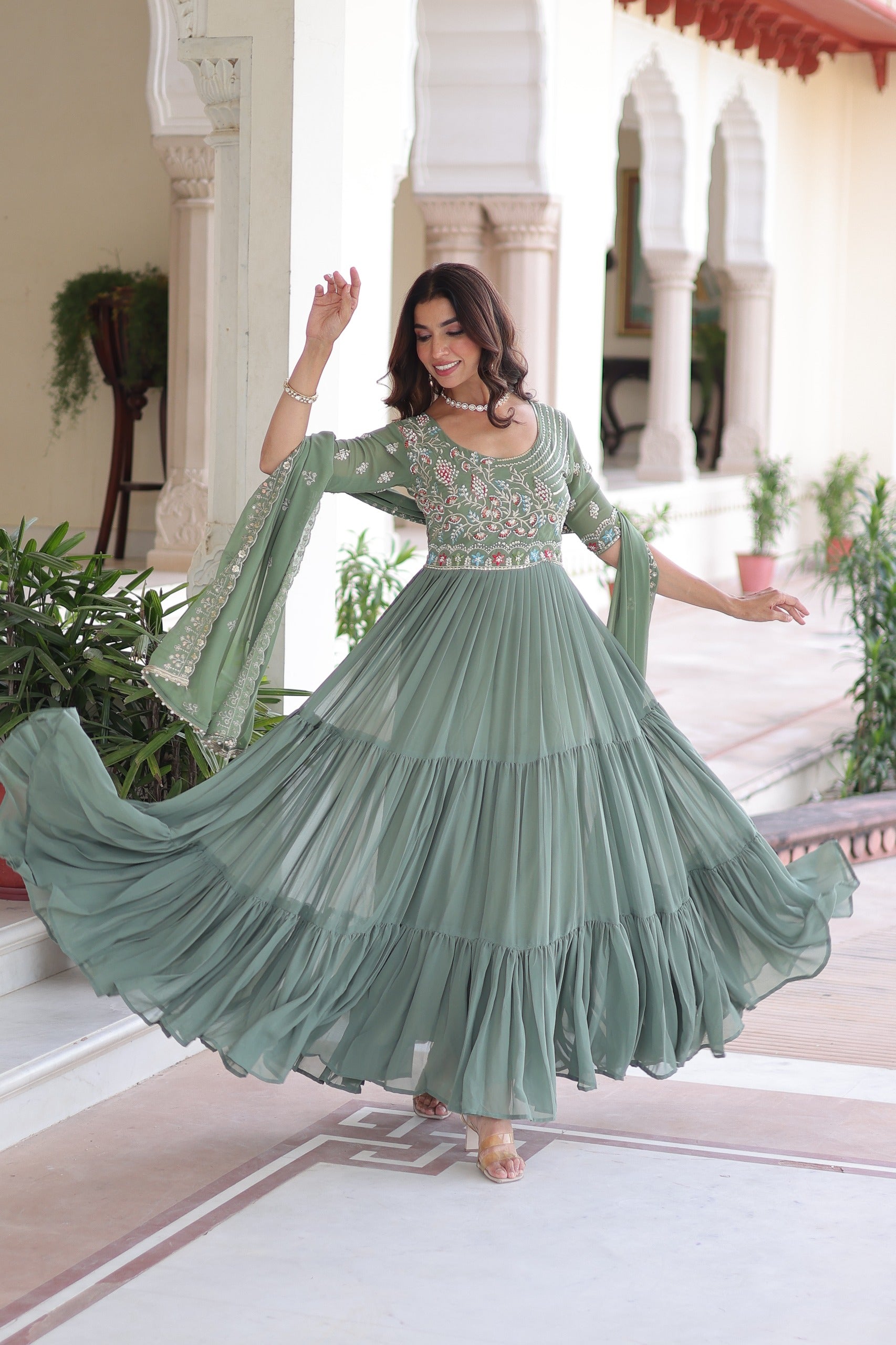 Pista BeadsWith Embroidered Work Gown