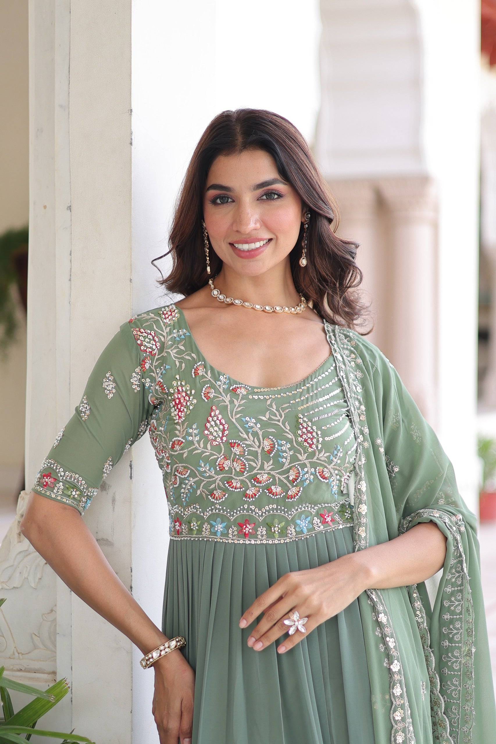 Pista BeadsWith Embroidered Work Gown