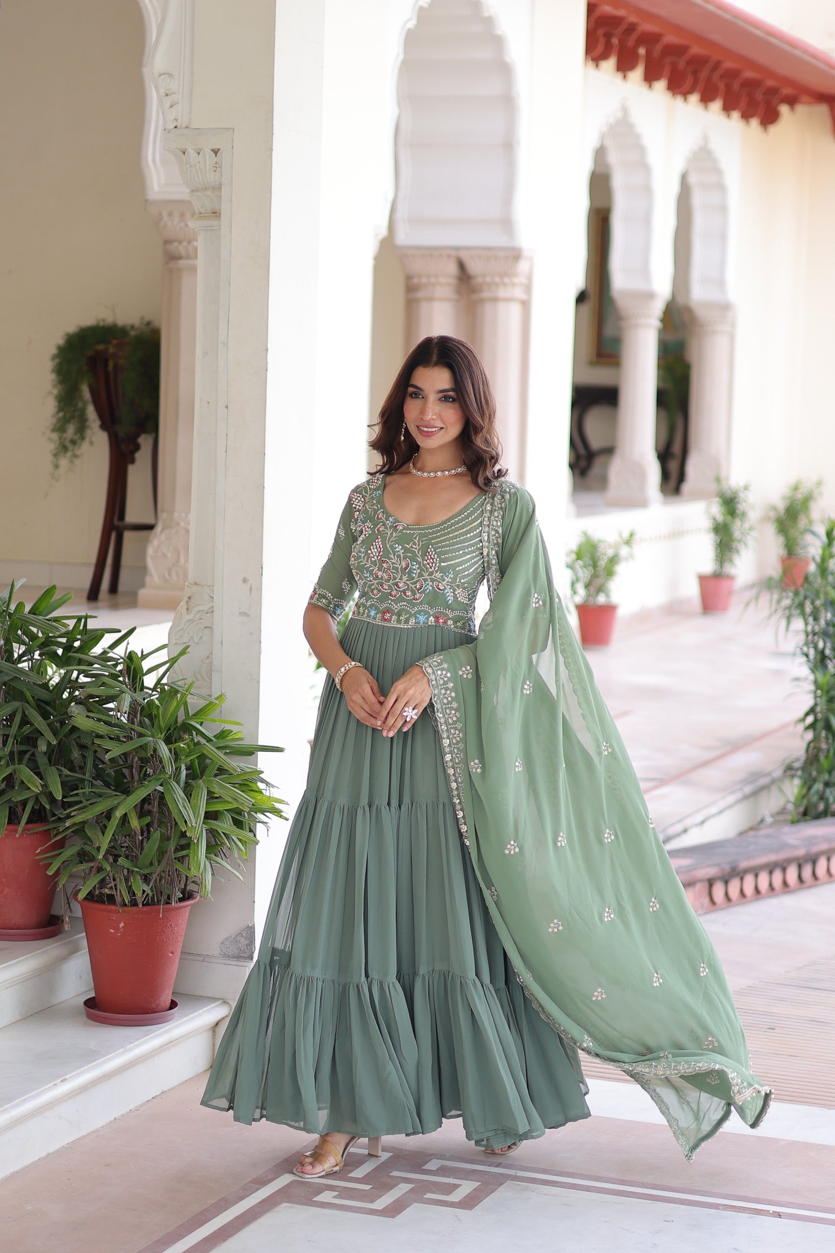 Pista BeadsWith Embroidered Work Gown