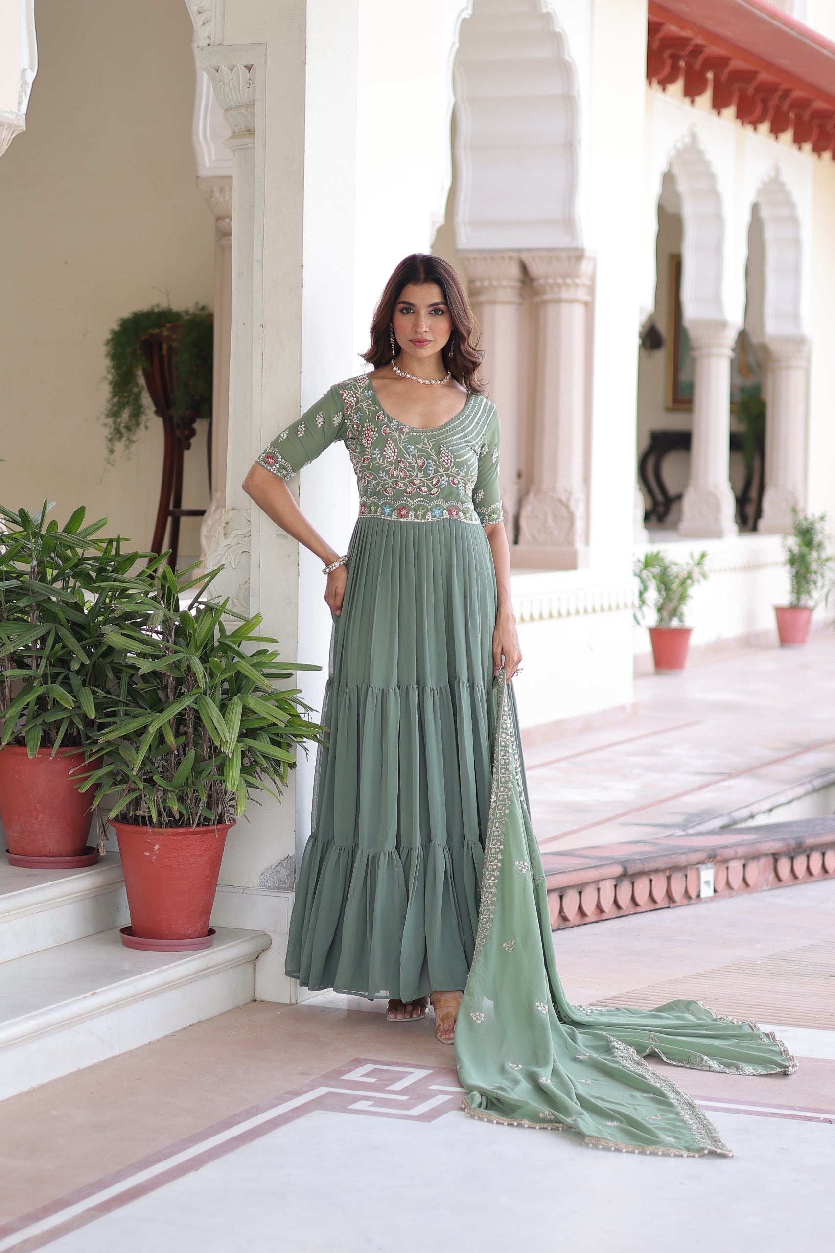 Pista BeadsWith Embroidered Work Gown