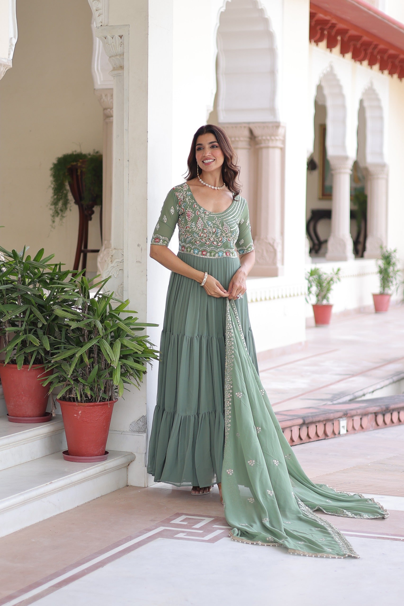 Pista BeadsWith Embroidered Work Gown