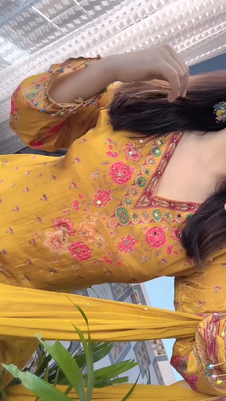 Yellow Chinon Mirror Work Salwar Suit