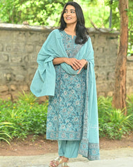 Women's Designer Daily Wear Cotton Kurta Pent And Dupatta Set