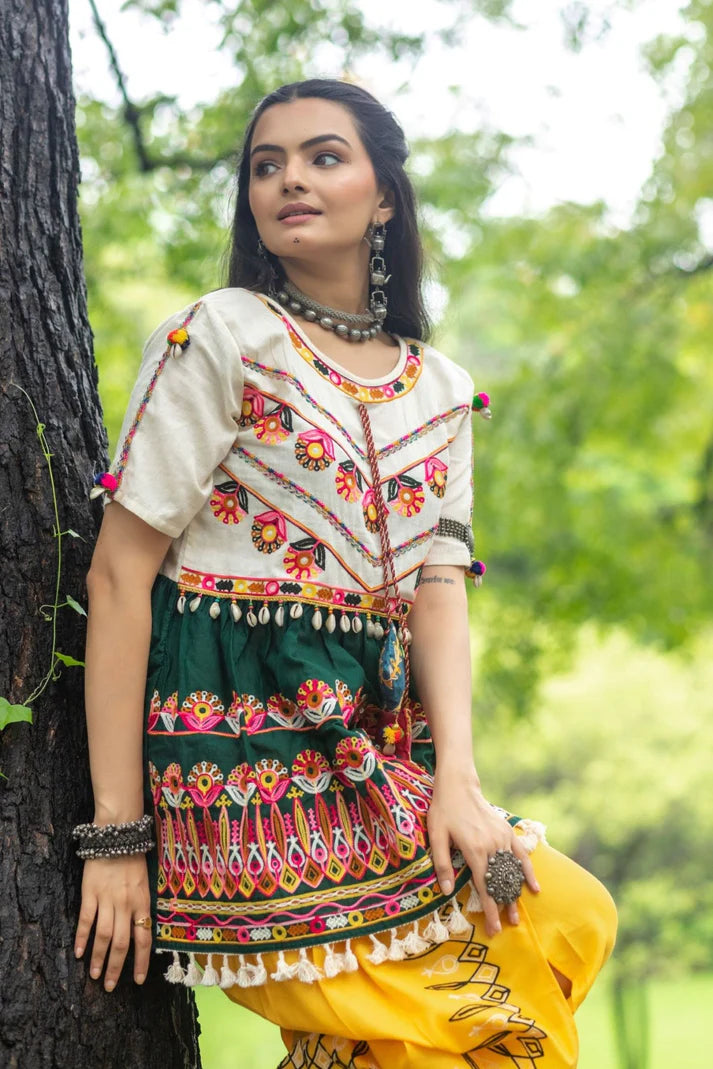 White and Deep Green Embroidered Kedia with yellow Tulip Pant Traditional Navratri Wear Garba Dress for Women