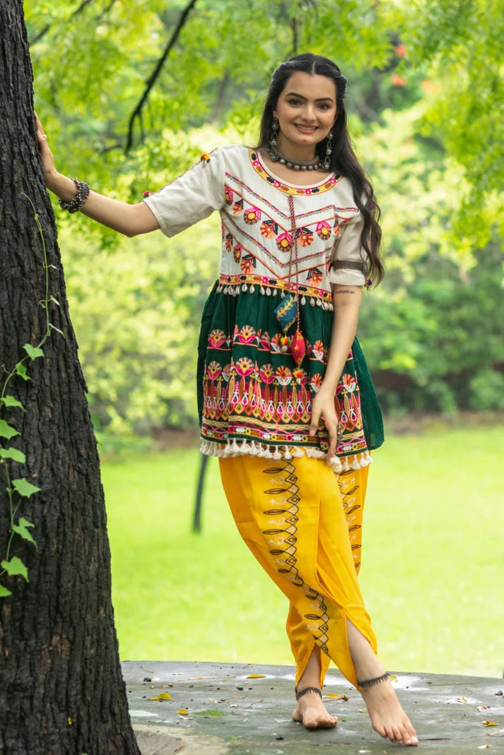 White and Deep Green Embroidered Kedia with yellow Tulip Pant Traditional Navratri Wear Garba Dress for Women