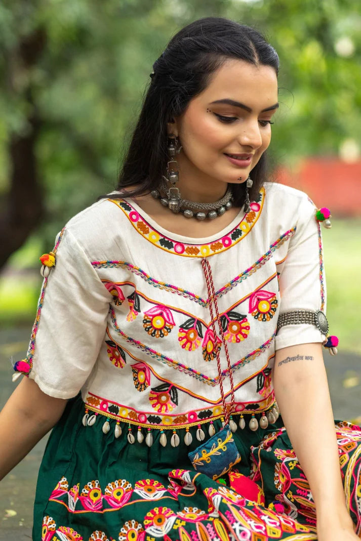 White and Deep Green Embroidered Kedia with yellow Tulip Pant Traditional Navratri Wear Garba Dress for Women