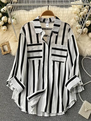 Women's Stripe Print Button Up Long Sleeve Turn Down Collar Top