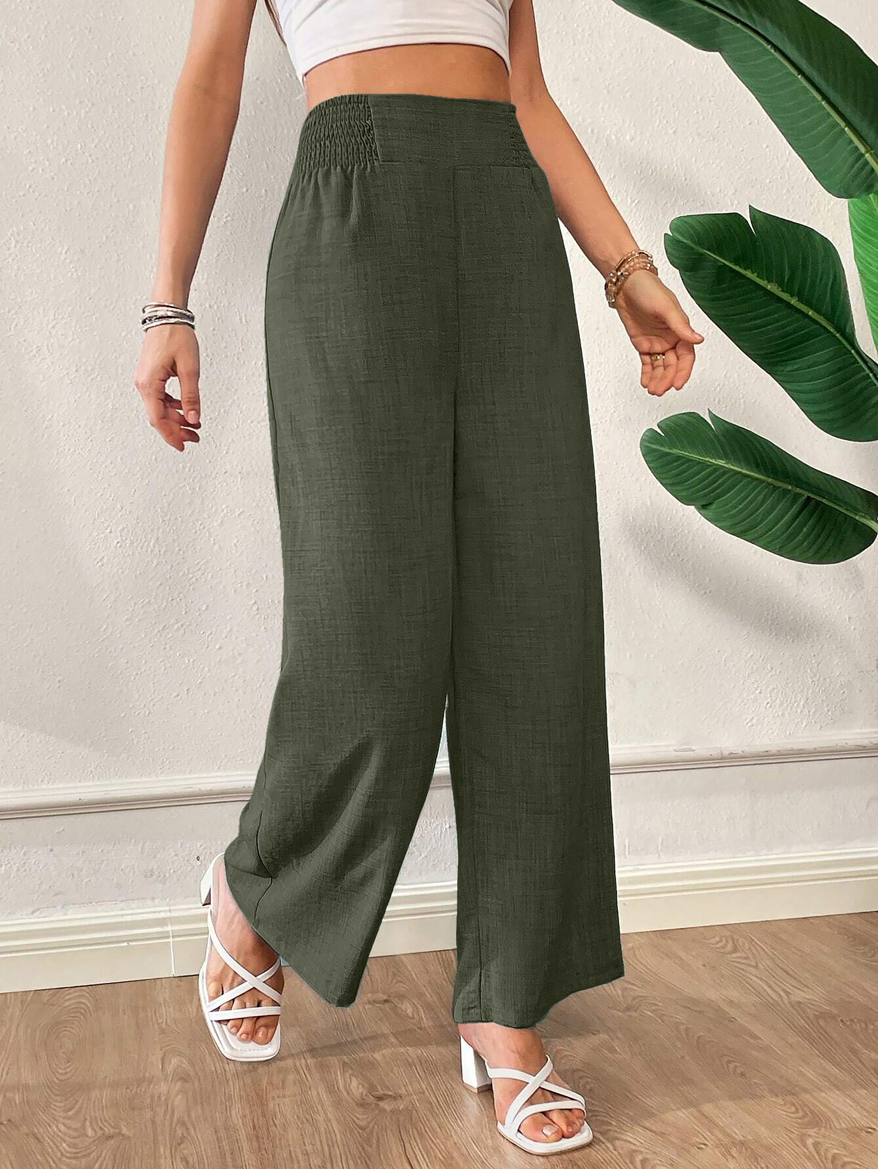 Women Solid Color Wide-Leg High Waist Straight Pants