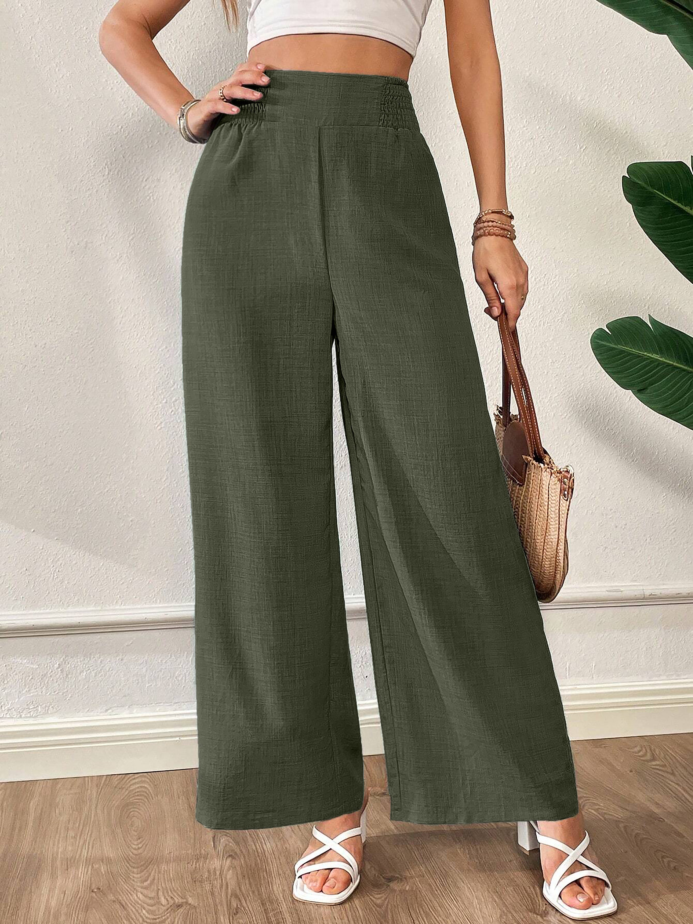 Women Solid Color Wide-Leg High Waist Straight Pants
