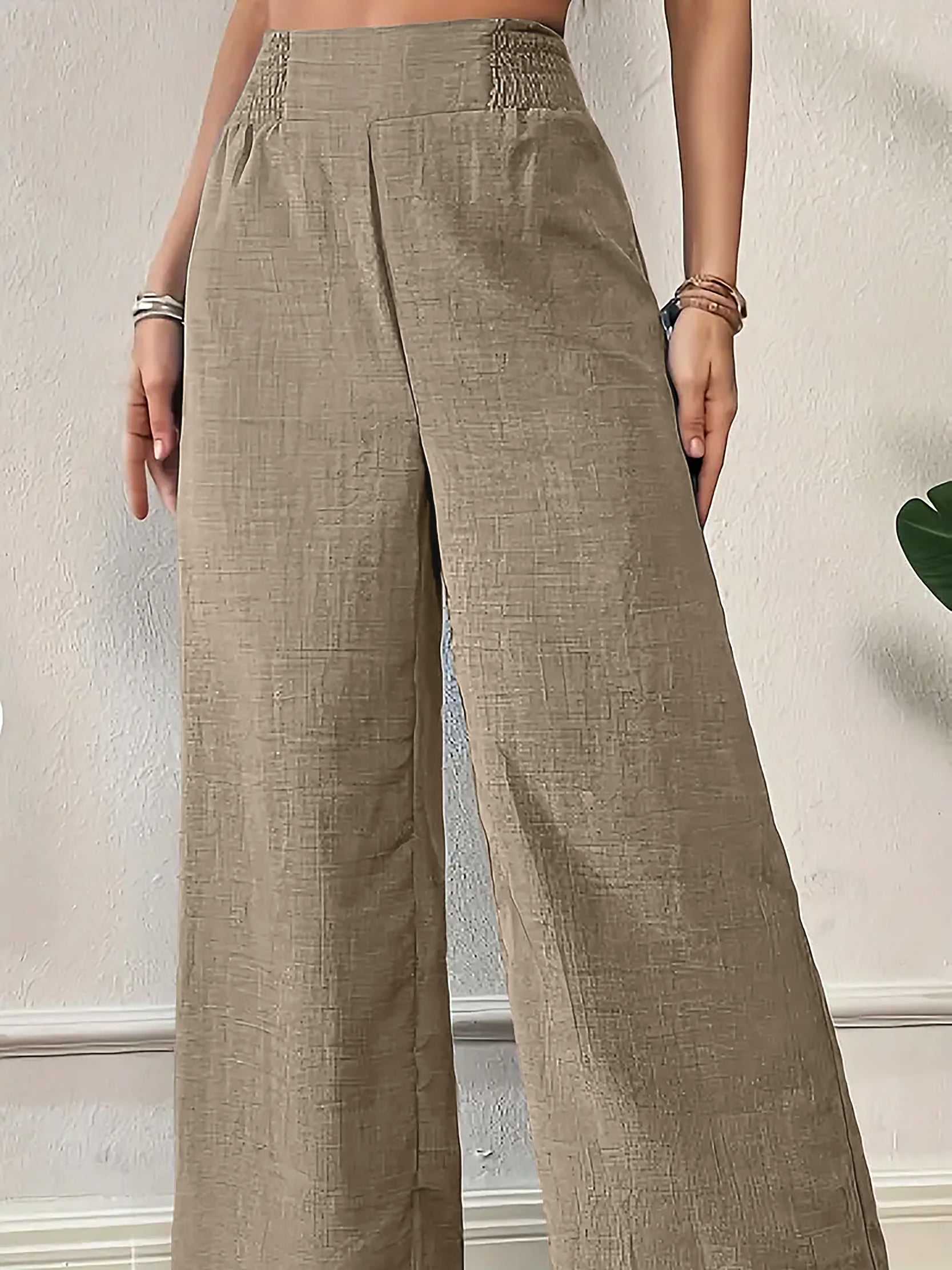 Women Solid Color Wide-Leg High Waist Straight Pants