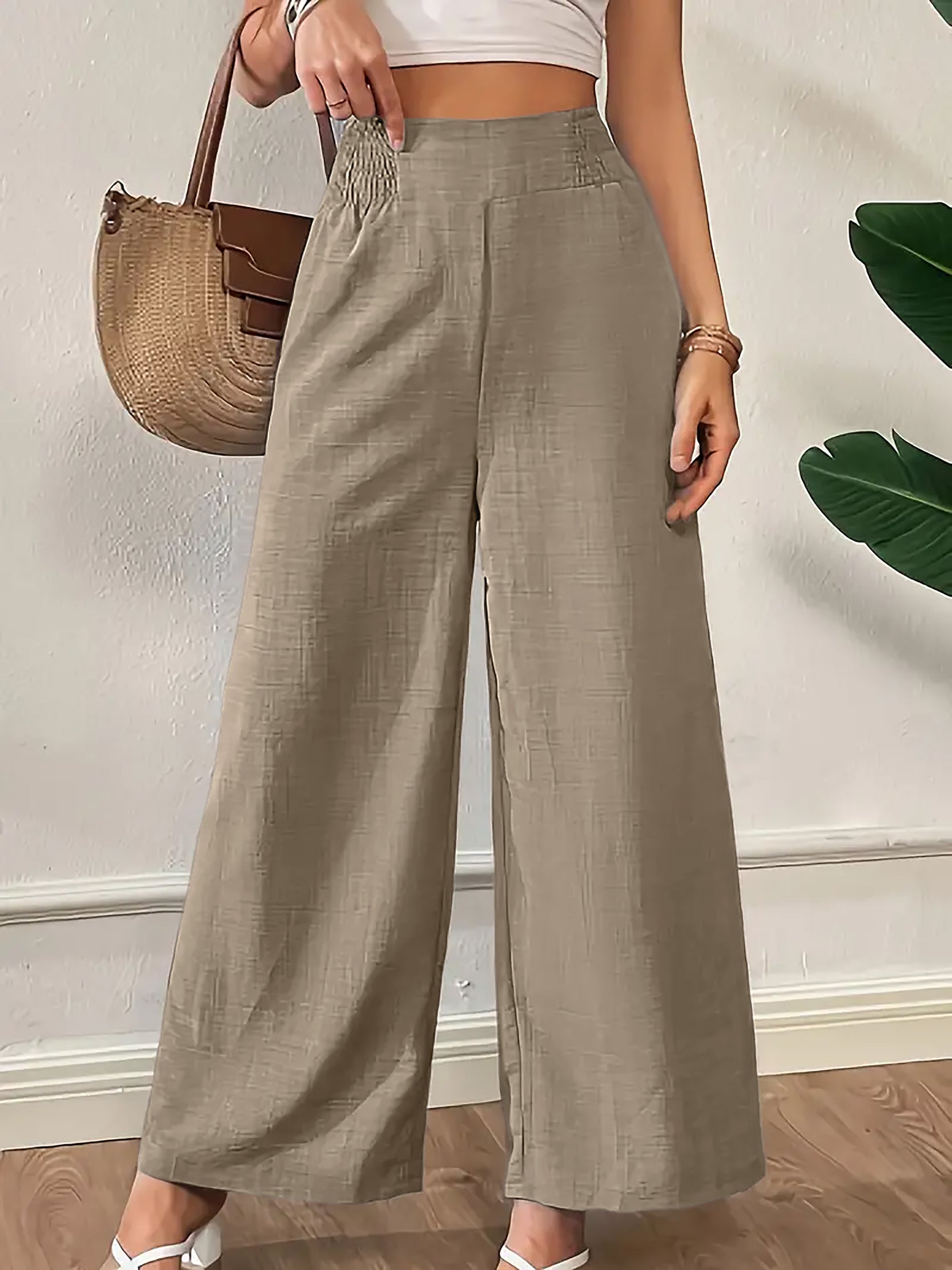 Women Solid Color Wide-Leg High Waist Straight Pants