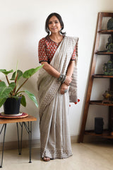 GREY LINEN PRINTED SAREE