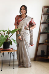 GREY LINEN PRINTED SAREE