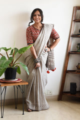 GREY LINEN PRINTED SAREE