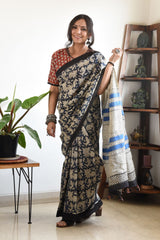 BLACK LINEN PRINTED SAREE