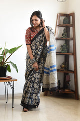 BLACK LINEN PRINTED SAREE