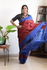 RED AND BLUE LINEN PRINTED SAREE