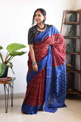 RED AND BLUE LINEN PRINTED SAREE