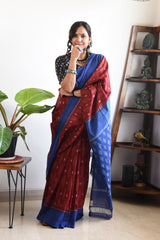 RED AND BLUE LINEN PRINTED SAREE