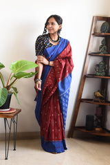 RED AND BLUE LINEN PRINTED SAREE